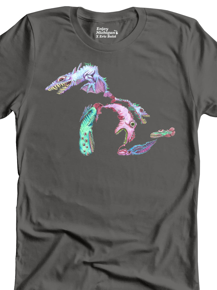 Great Lakes Monsters Unisex T-shirt - Charcoal t-shirt Enjoy Michigan