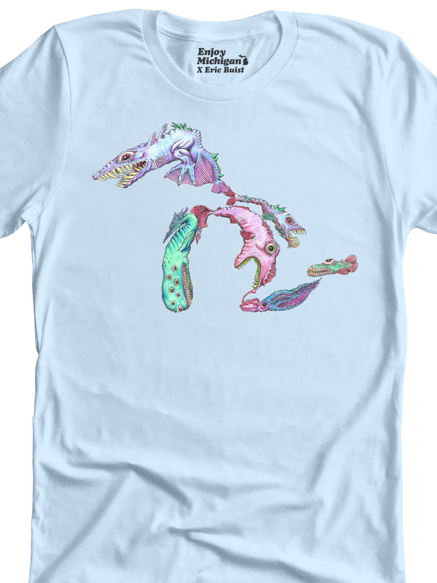 Great Lakes Monsters Unisex T-shirt - Light Blue t-shirt Enjoy Michigan