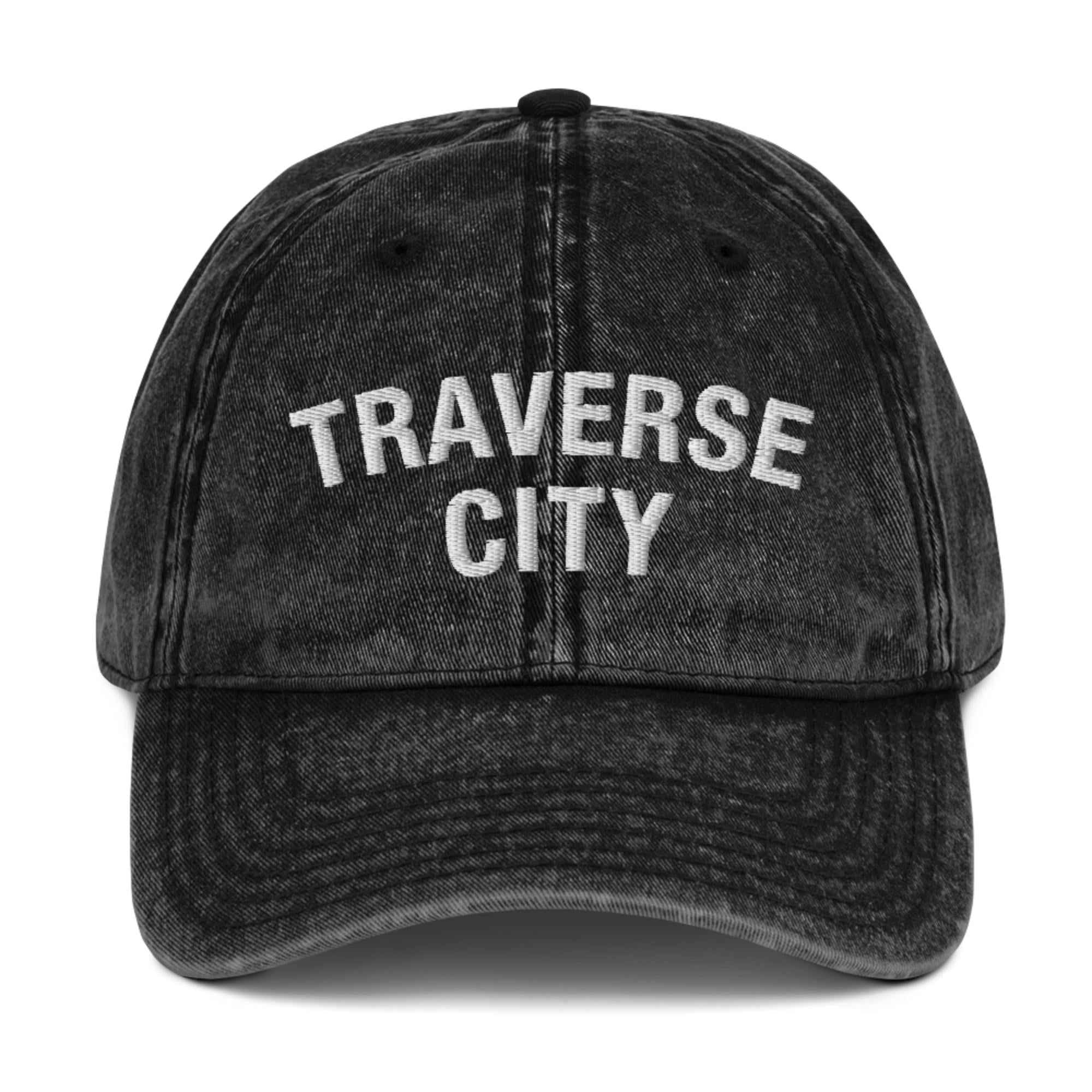 Traverse City Vintage Cotton Twill Cap  Enjoy Michigan Black