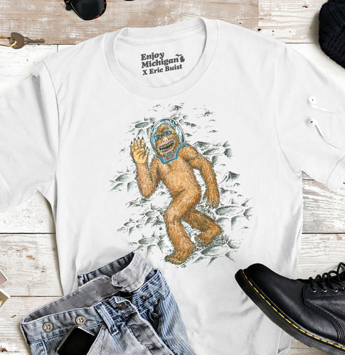 Michigan Bigfoot on the Moon Unisex T-shirt - White t-shirt Enjoy Michigan   