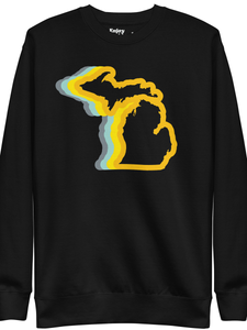 Michigan 70's Premium Sweatshirt  black with gold and blue color wave by Enjoy Michigan