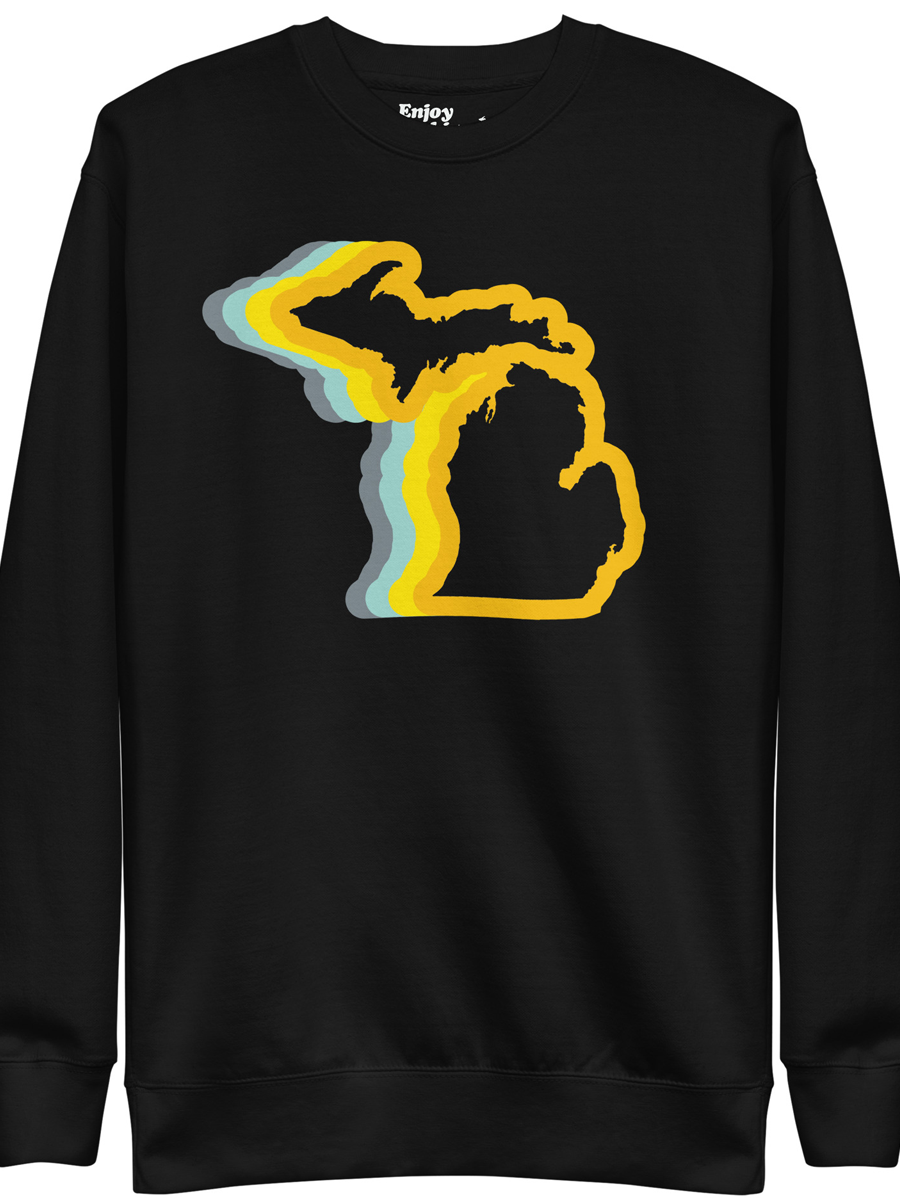 Michigan 70's Premium Sweatshirt  black with gold and blue color wave by Enjoy Michigan