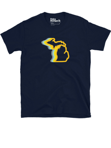 Michigan 70's Relaxed Fit Premium T-shirt shown in navy with a gold and blue graphic of the state of Michigan printed on the front. By Enjoy-Michigan