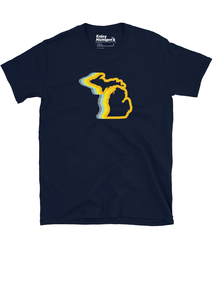 Michigan 70's Relaxed Fit Premium T-shirt shown in navy with a gold and blue graphic of the state of Michigan printed on the front. By Enjoy-Michigan