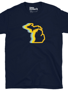 Michigan 70's Relaxed Fit Premium T-shirt shown in navy with a gold and blue graphic of the state of Michigan printed on the front. By Enjoy-Michigan