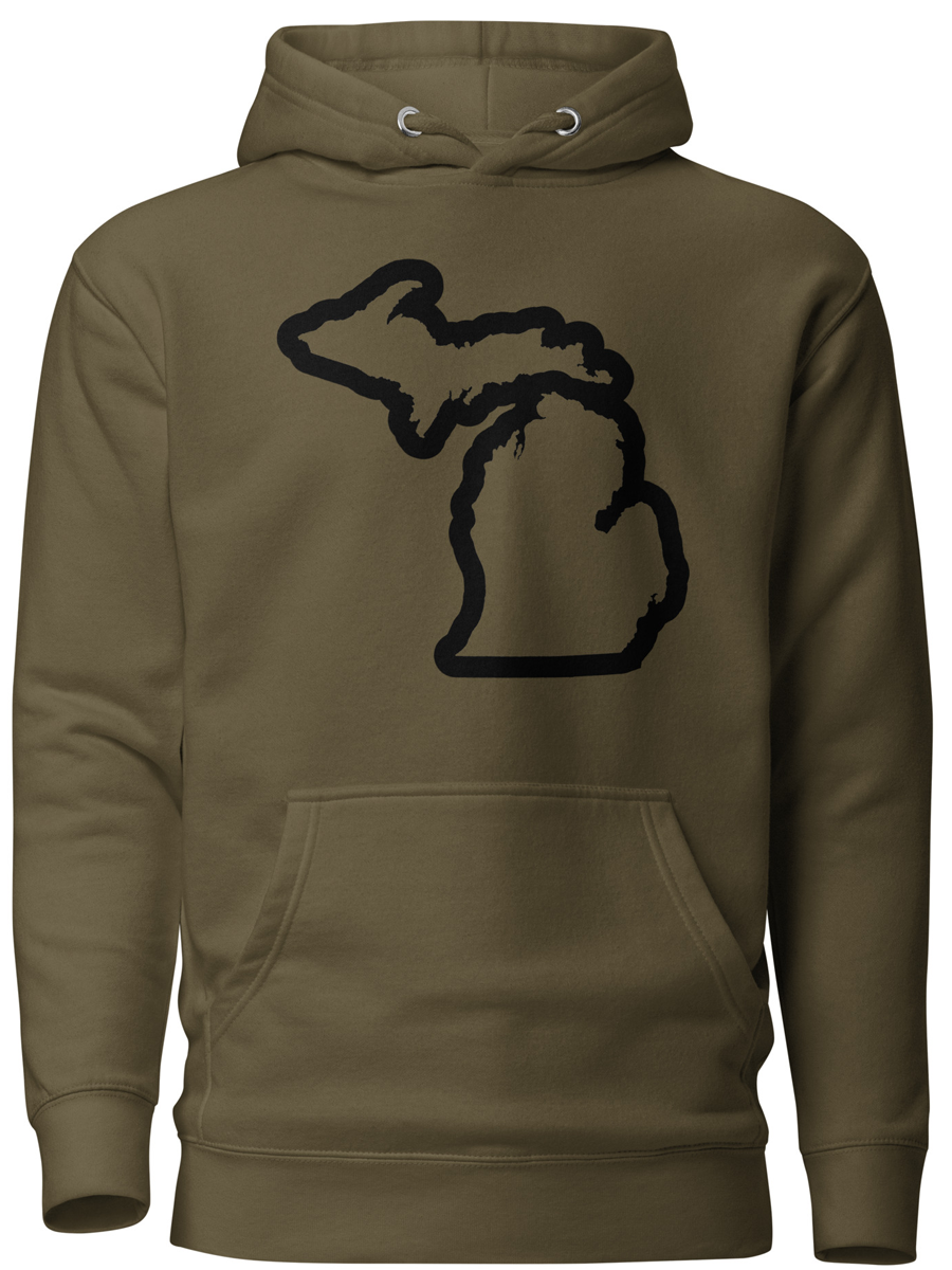 Michigan Outline Premium Pullover Unisex Hoodie - Army Green / Black hoodie Enjoy Michigan