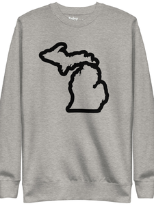 Michigan Outline premium sweatshirt shown in carbon gray with a black graphic out line of the state of Michigan printed on the front. By Enjoy Michigan