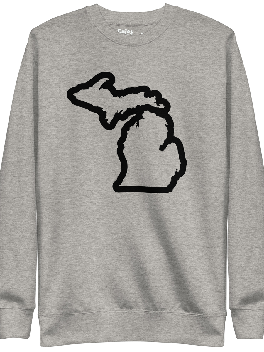 Michigan Outline premium sweatshirt shown in carbon gray with a black graphic out line of the state of Michigan printed on the front. By Enjoy Michigan
