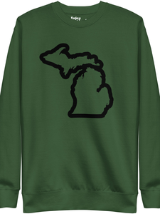 Michigan Outline premium sweatshirt shown in forest green with a black sport-style script graphic printed on the front. By Enjoy Michigan