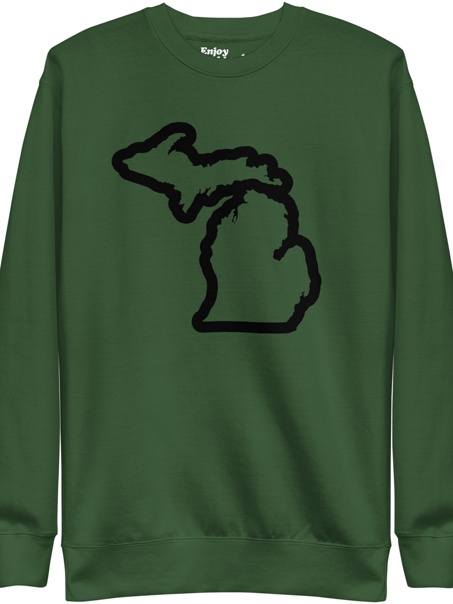 Michigan Outline premium sweatshirt shown in forest green with a black sport-style script graphic printed on the front. By Enjoy Michigan