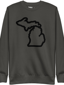Michigan Outline premium sweatshirt shown in vintage black with a black Michigan outline graphic printed on the front. By Enjoy Michigan.