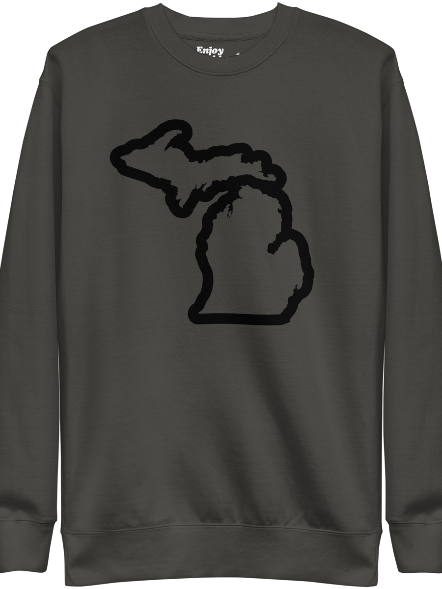 Michigan Outline premium sweatshirt shown in vintage black with a black Michigan outline graphic printed on the front. By Enjoy Michigan.