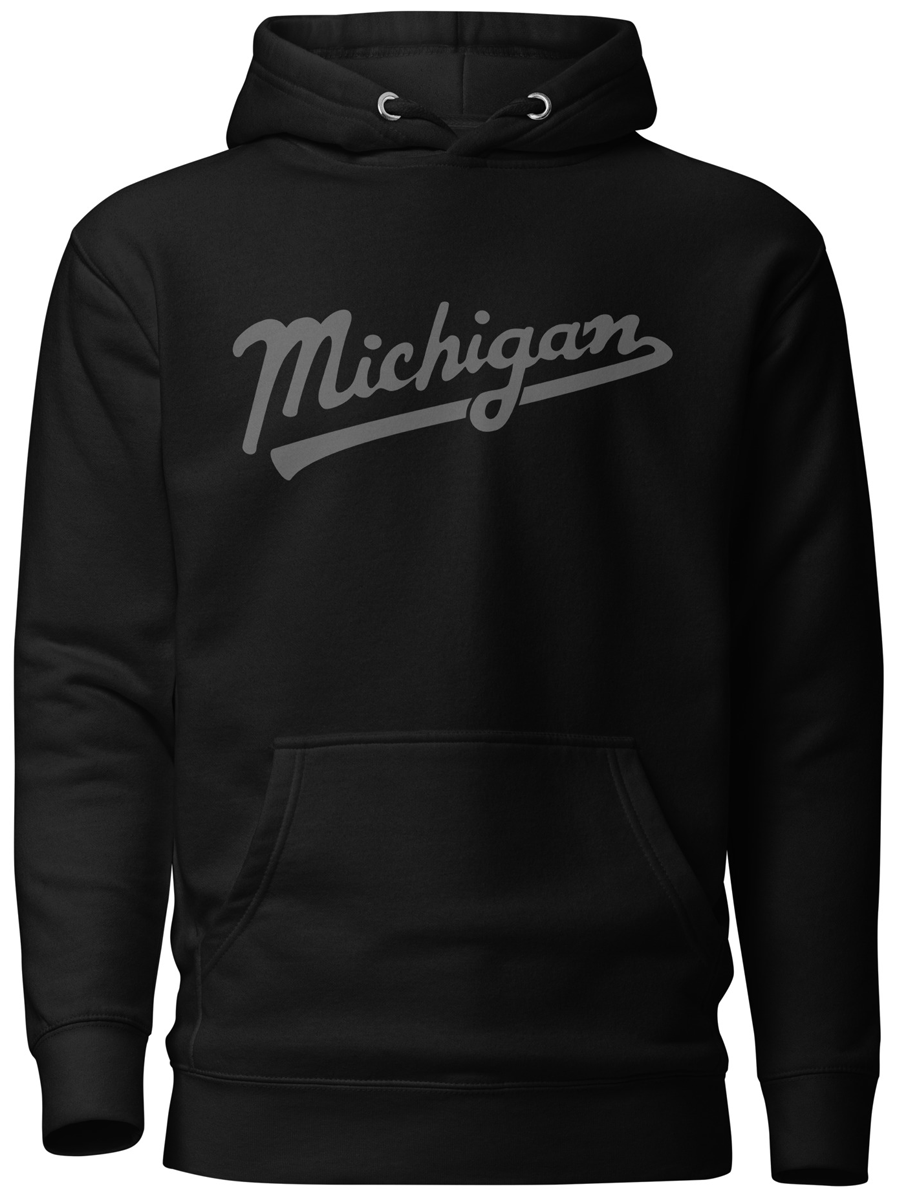Michigan Script Premium Pullover Unisex Hoodie - Black / Gray hoodie Enjoy Michigan