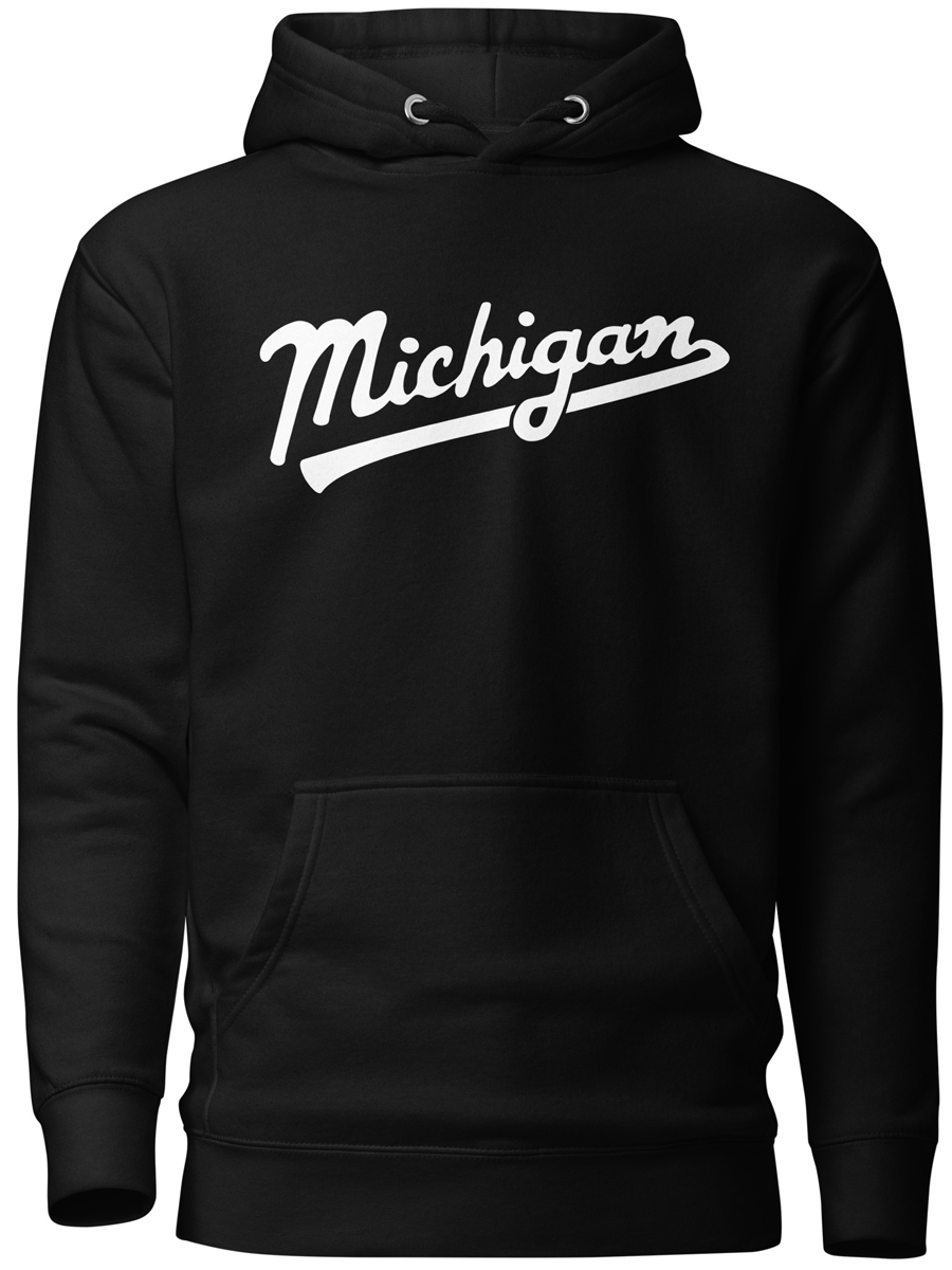 Michigan Script Premium Pullover Unisex Hoodie - Black / White hoodie Enjoy Michigan
