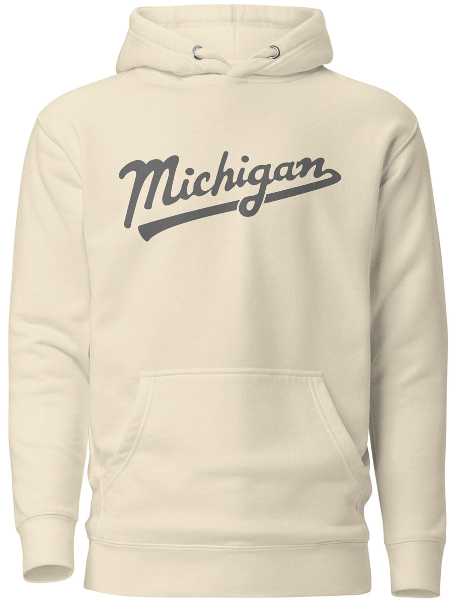 Michigan Script Premium Pullover Unisex Hoodie - Cream / Gray hoodie Enjoy Michigan