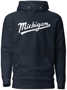 Michigan Script Premium Pullover Unisex Hoodie - Navy / White hoodie Enjoy Michigan