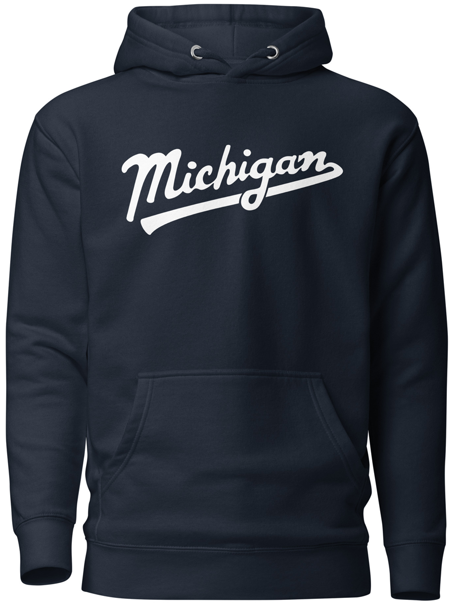Michigan Script Premium Pullover Unisex Hoodie - Navy / White hoodie Enjoy Michigan
