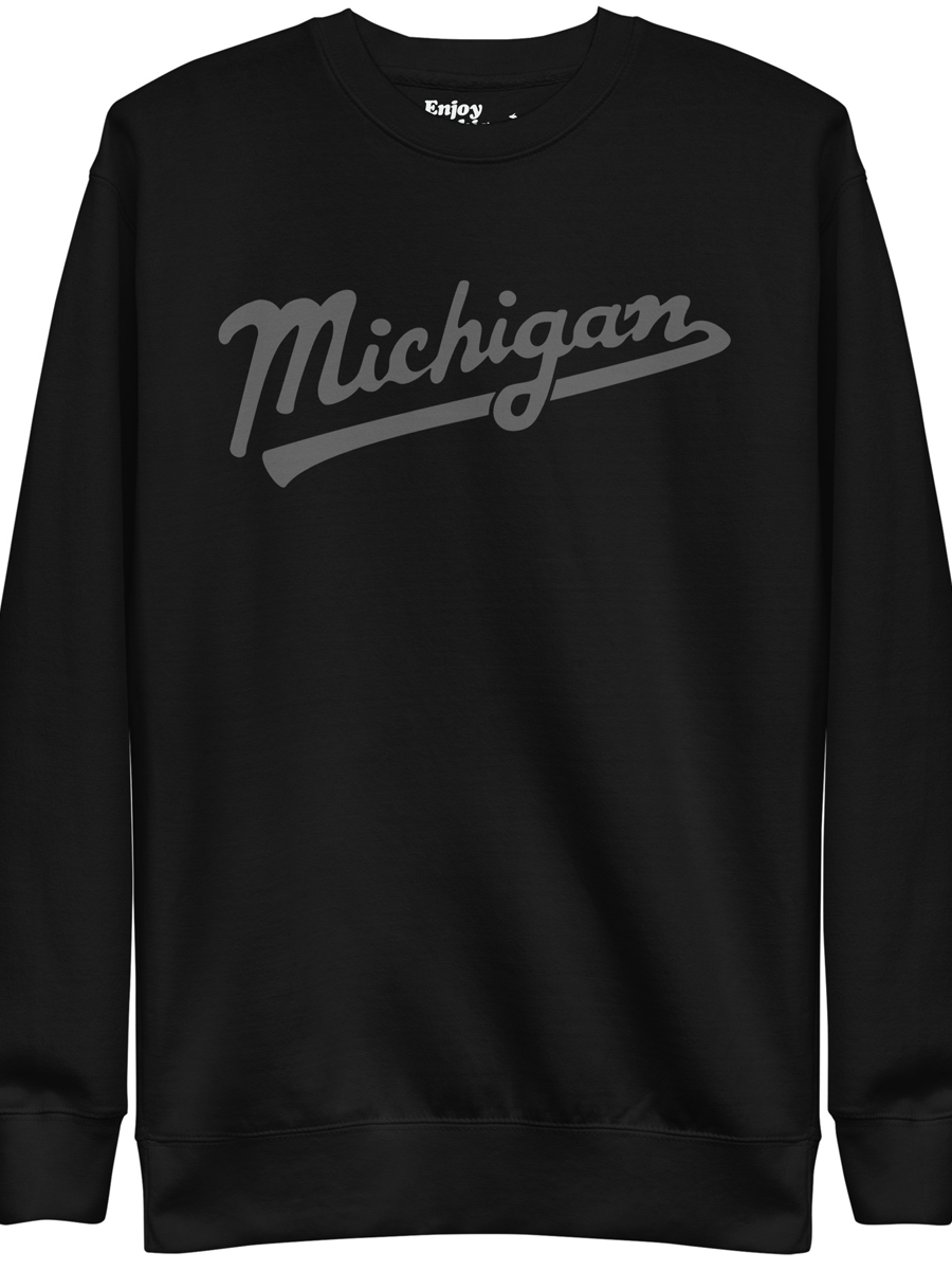 Michigan Script premium sweatshirt shown in black with a gray sport-style script graphic printed on the front. By Enjoy Michigan