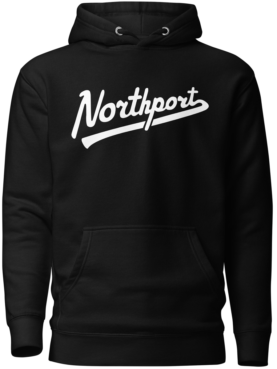 Northport Script Premium Pullover Unisex Hoodie - Black / White hoodie Enjoy Michigan
