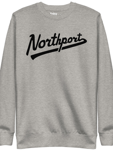 Northport Script premium sweatshirt shown in carbon gray with a black sport script style graphic printed on the front. By Enjoy Michigan