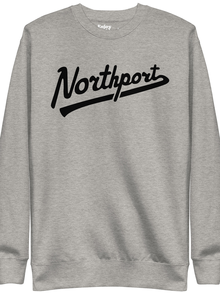 Northport Script premium sweatshirt shown in carbon gray with a black sport script style graphic printed on the front. By Enjoy Michigan