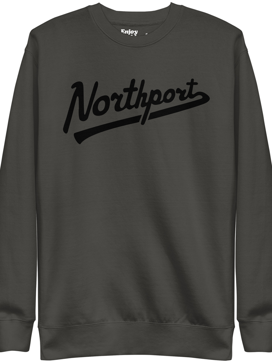 Northport Script premium sweatshirt shown in vintage black with a black sport script style graphic printed on the front. By Enjoy Michigan