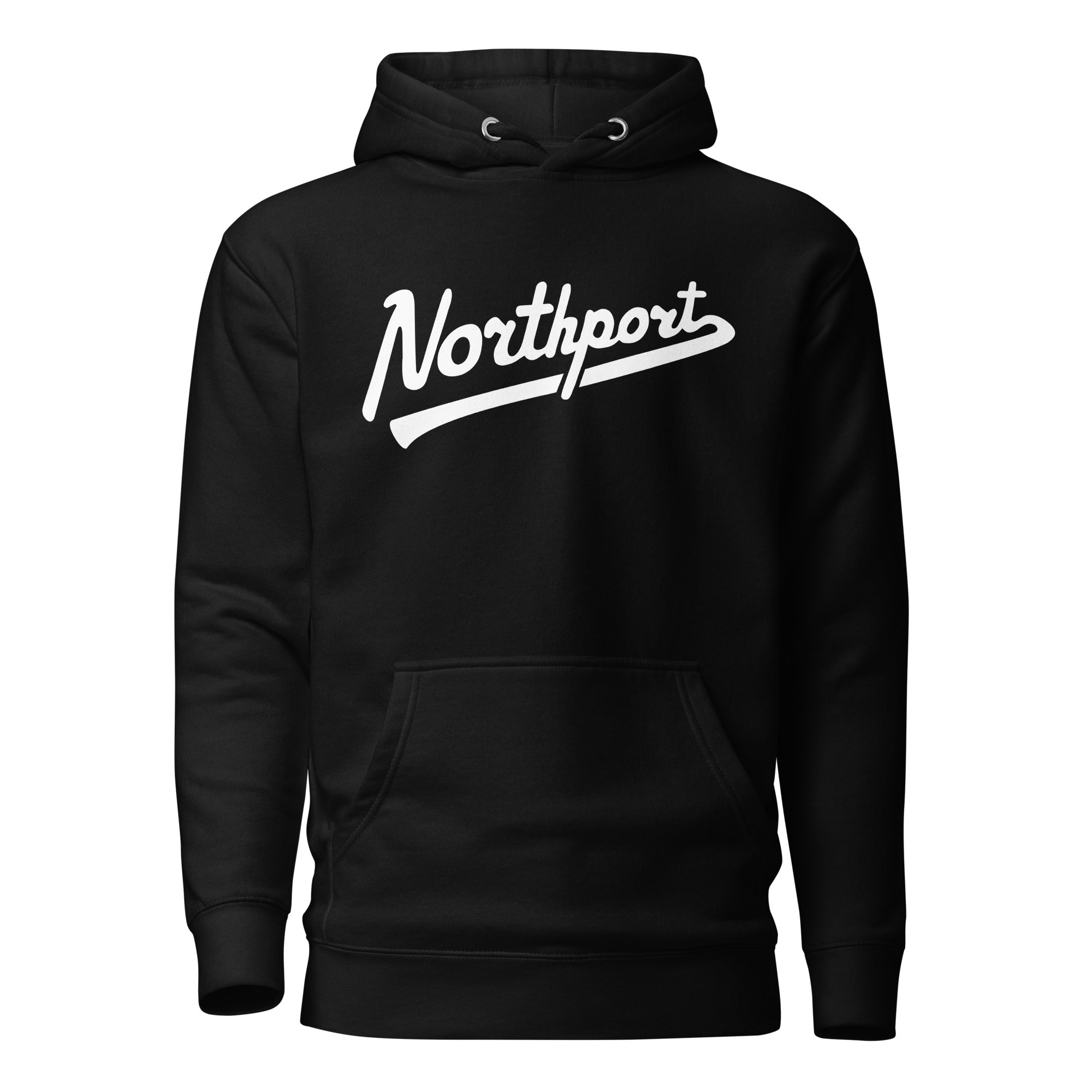 Northport Script Premium Pullover Unisex Hoodie - Black / White hoodie Enjoy Michigan