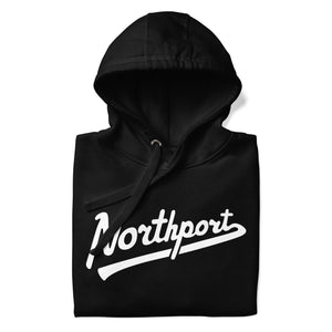 Northport Script Premium Pullover Unisex Hoodie - Black / White hoodie Enjoy Michigan