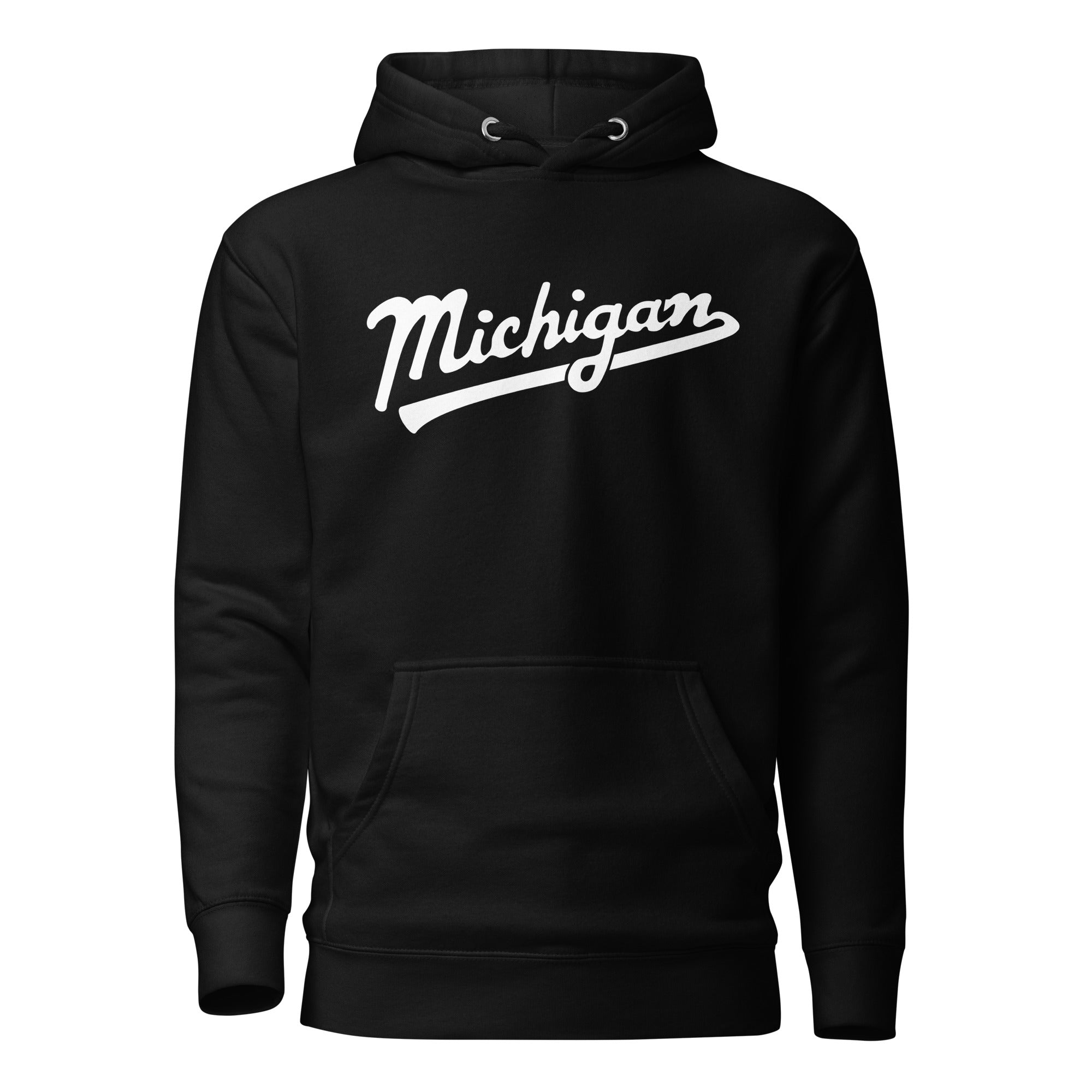 Michigan Script Premium Pullover Unisex Hoodie - Black / White hoodie Enjoy Michigan