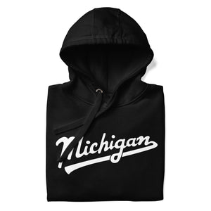 Michigan Script Premium Pullover Unisex Hoodie - Black / White hoodie Enjoy Michigan