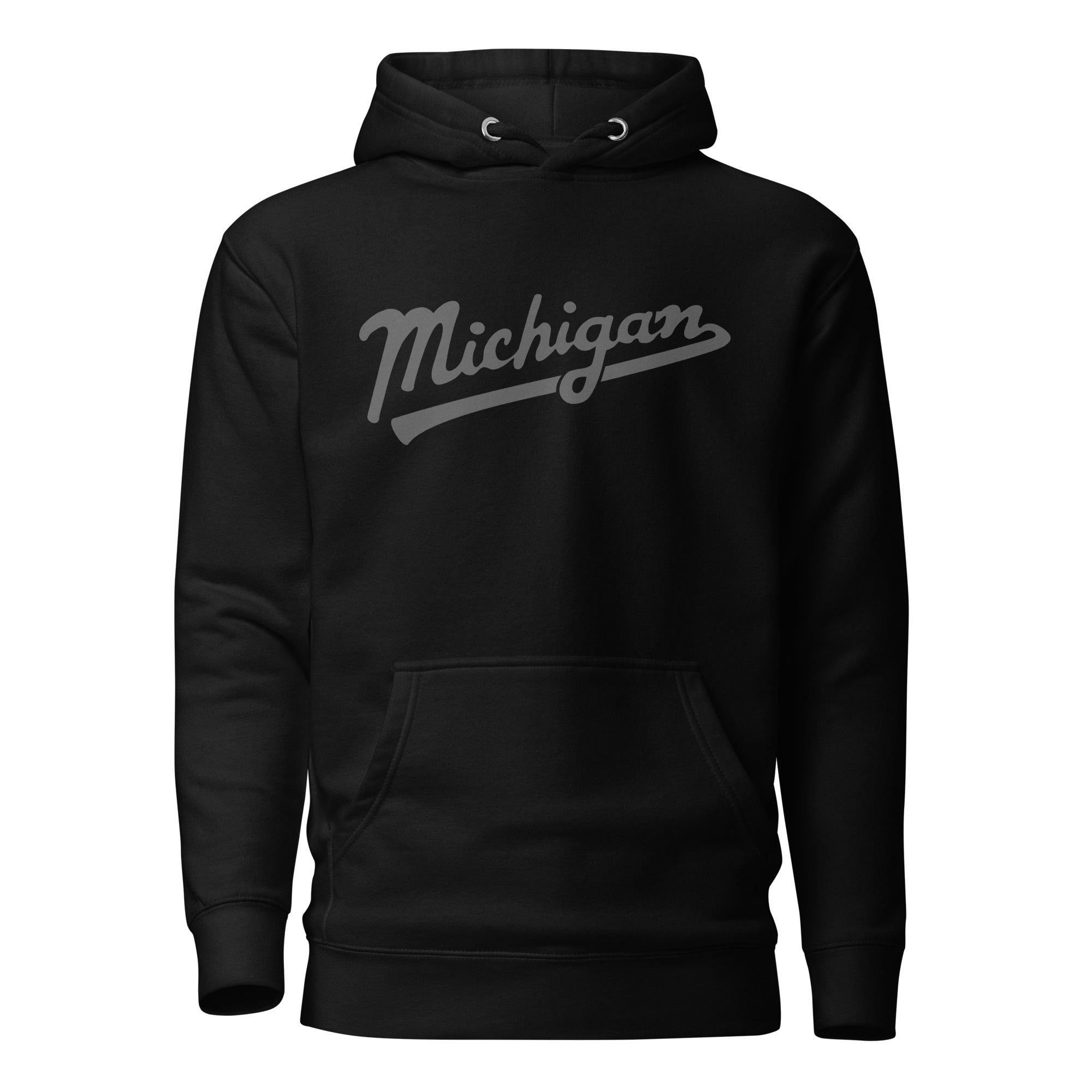 Michigan Script Premium Pullover Unisex Hoodie - Black / Gray hoodie Enjoy Michigan