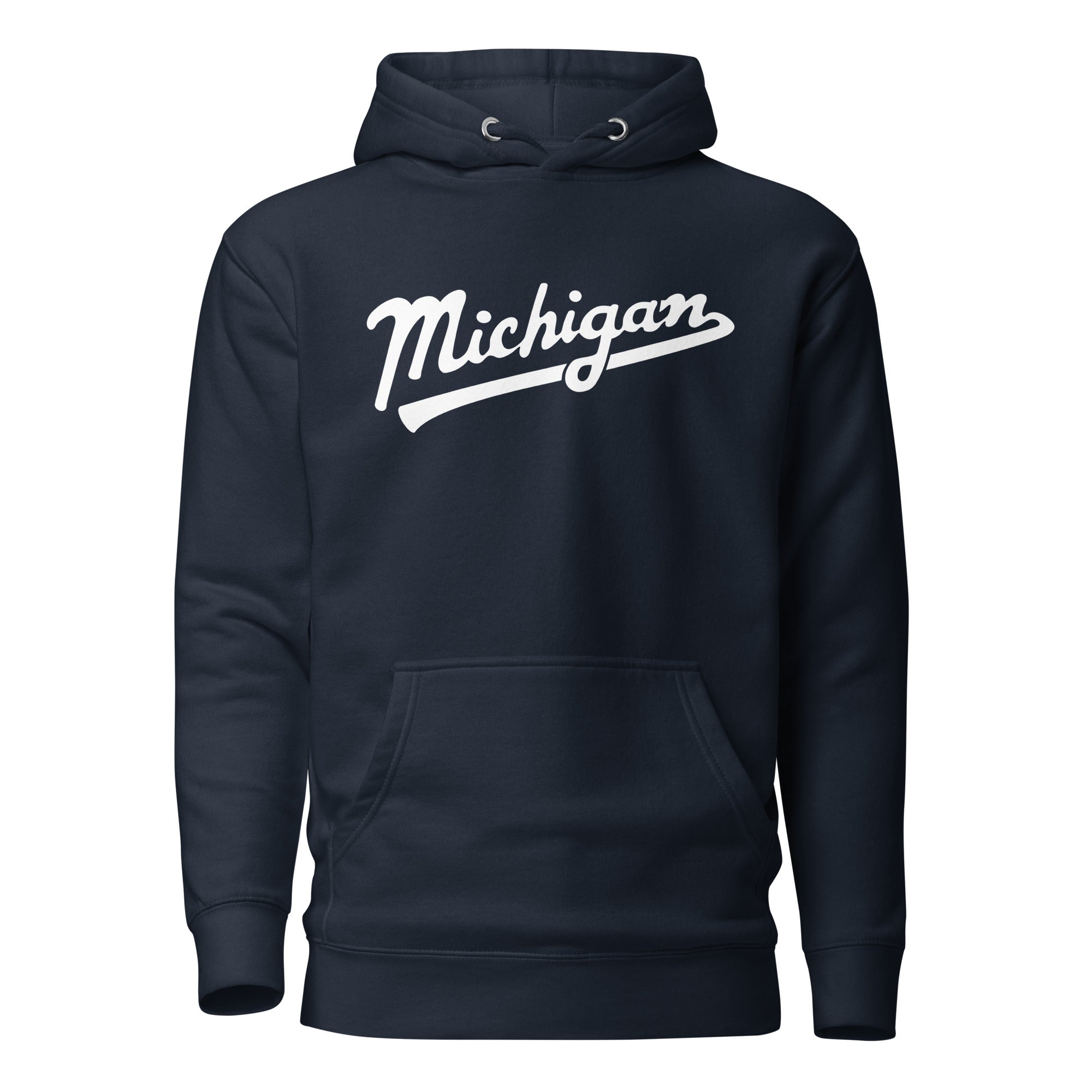 Michigan Script Premium Pullover Unisex Hoodie - Navy / White hoodie Enjoy Michigan