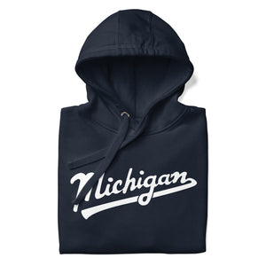 Michigan Script Premium Pullover Unisex Hoodie - Navy / White hoodie Enjoy Michigan