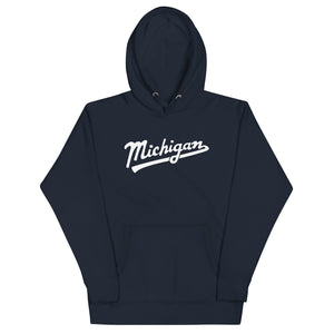 Michigan Script Premium Pullover Unisex Hoodie - Navy / White hoodie Enjoy Michigan