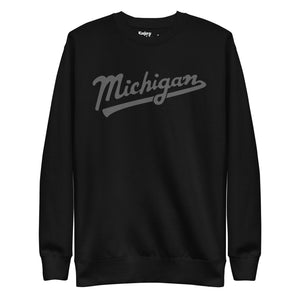 Michigan Script premium sweatshirt shown in black with a gray sport-style script graphic printed on the front. By Enjoy Michigan