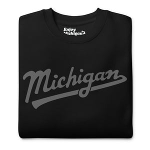 Michigan Script premium sweatshirt shown in black with a gray sport-style script graphic printed on the front. By Enjoy Michigan