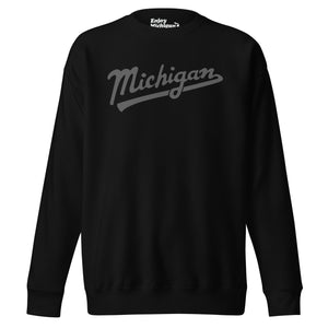 Michigan Script premium sweatshirt shown in black with a gray sport-style script graphic printed on the front. By Enjoy Michigan