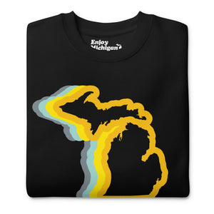Michigan 70's Premium Sweatshirt  black with gold and blue color wave by Enjoy Michigan