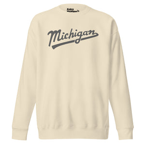 Michigan Script premium sweatshirt shown in cream with a gray sport-style script graphic printed on the front. By Enjoy Michigan