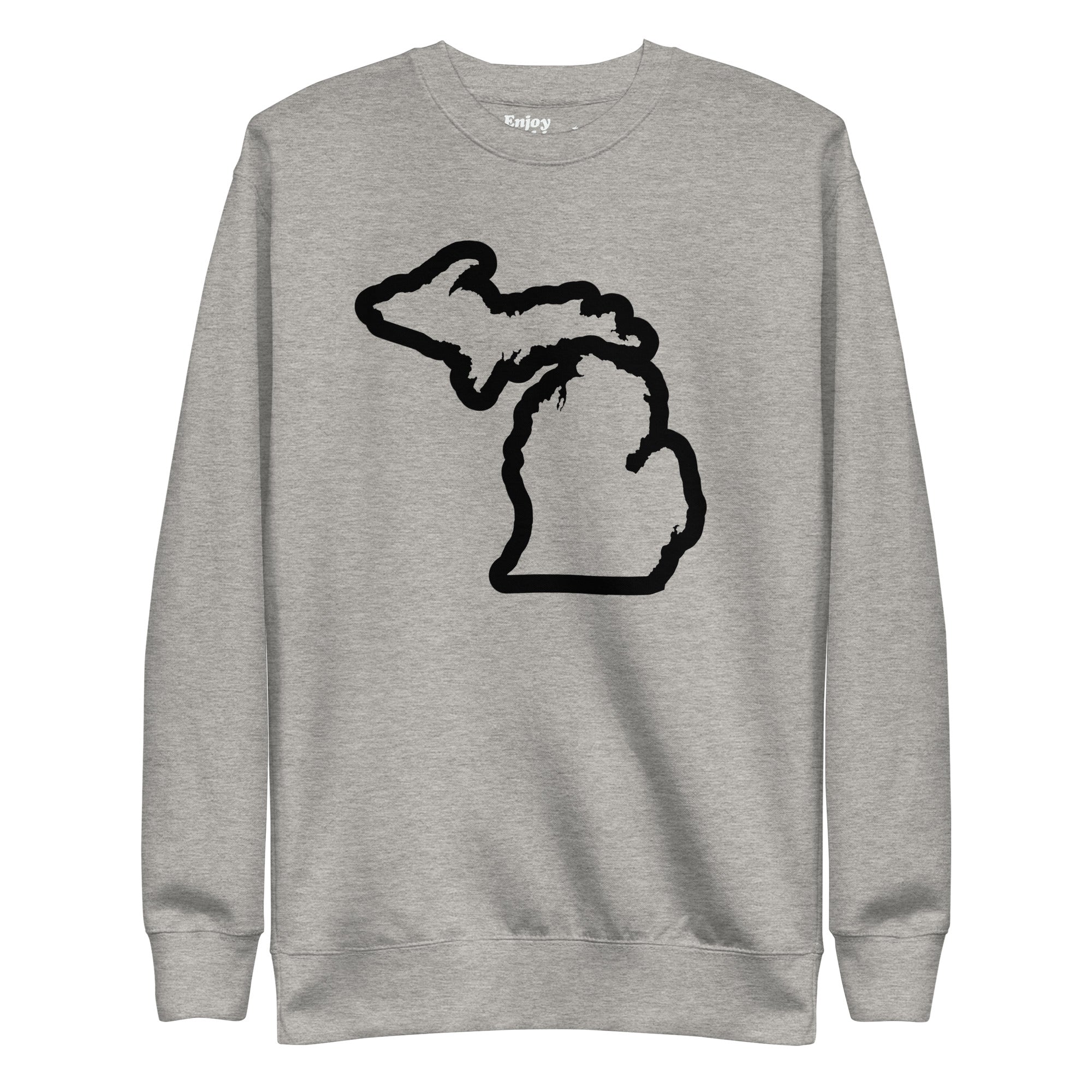 Michigan Outline premium sweatshirt shown in carbon gray with a black graphic out line of the state of Michigan printed on the front. By Enjoy Michigan