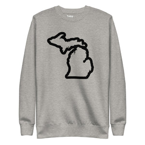 Michigan Outline premium sweatshirt shown in carbon gray with a black graphic out line of the state of Michigan printed on the front. By Enjoy Michigan