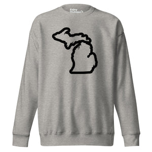 Michigan Outline premium sweatshirt shown in carbon gray with a black graphic out line of the state of Michigan printed on the front. By Enjoy Michigan