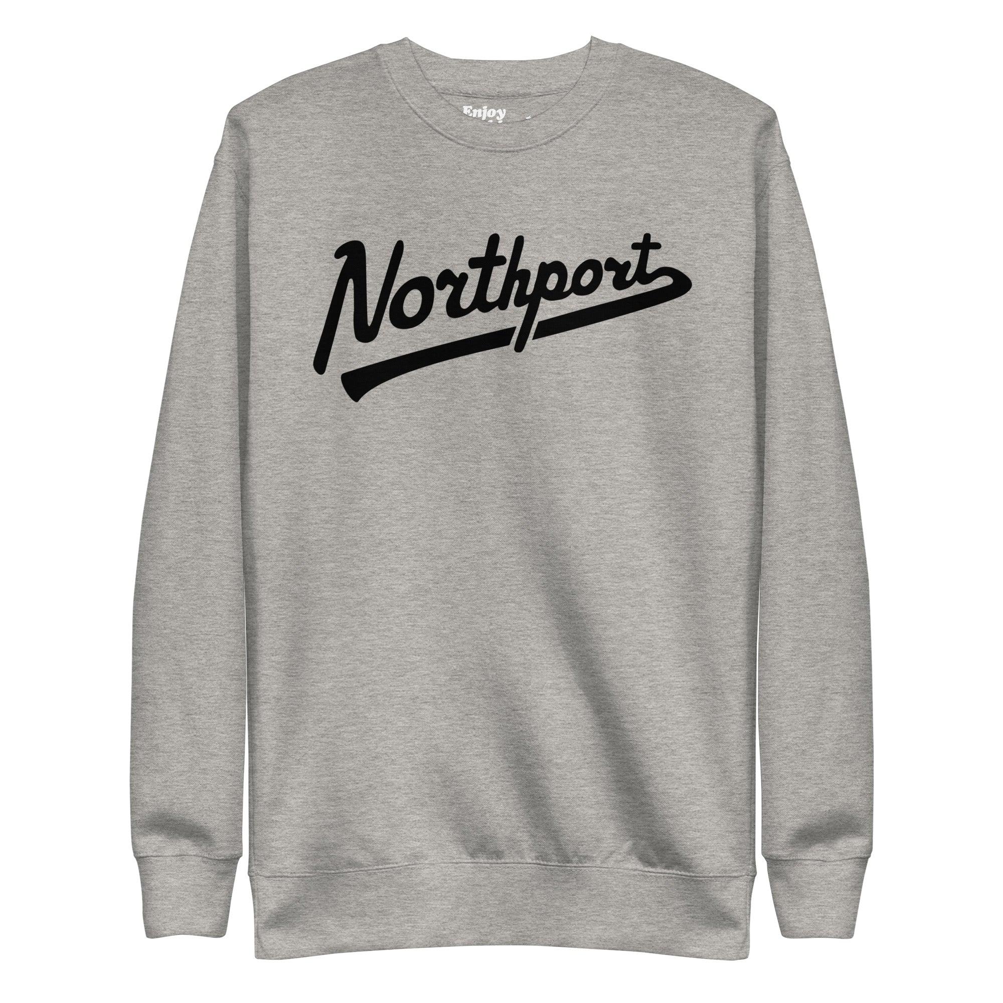 Northport Script premium sweatshirt shown in carbon gray with a black sport script style graphic printed on the front. By Enjoy Michigan
