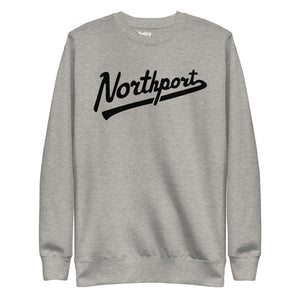 Northport Script premium sweatshirt shown in carbon gray with a black sport script style graphic printed on the front. By Enjoy Michigan