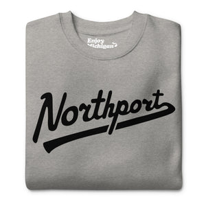Northport Script premium sweatshirt shown in carbon gray with a black sport script style graphic printed on the front. By Enjoy Michigan