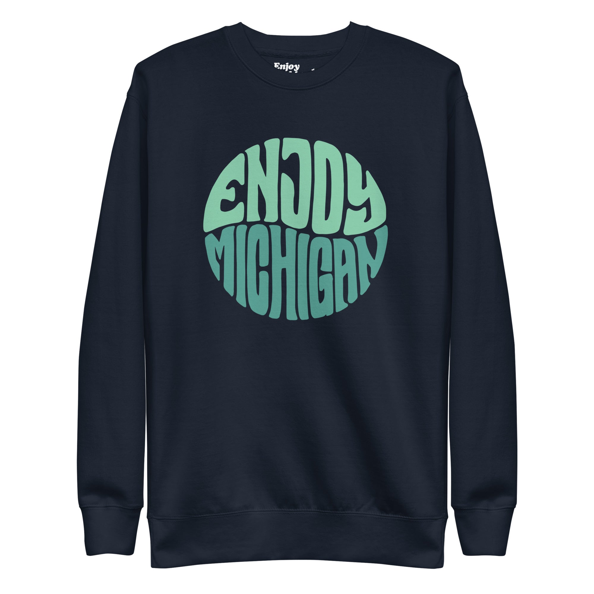 Enjoy Michigan 70's Retro Premium Sweatshirt shown in navy with a throwback 70's Enjoy Michigan circular graphic printed in greens on the front. By Enjoy Michigan.
