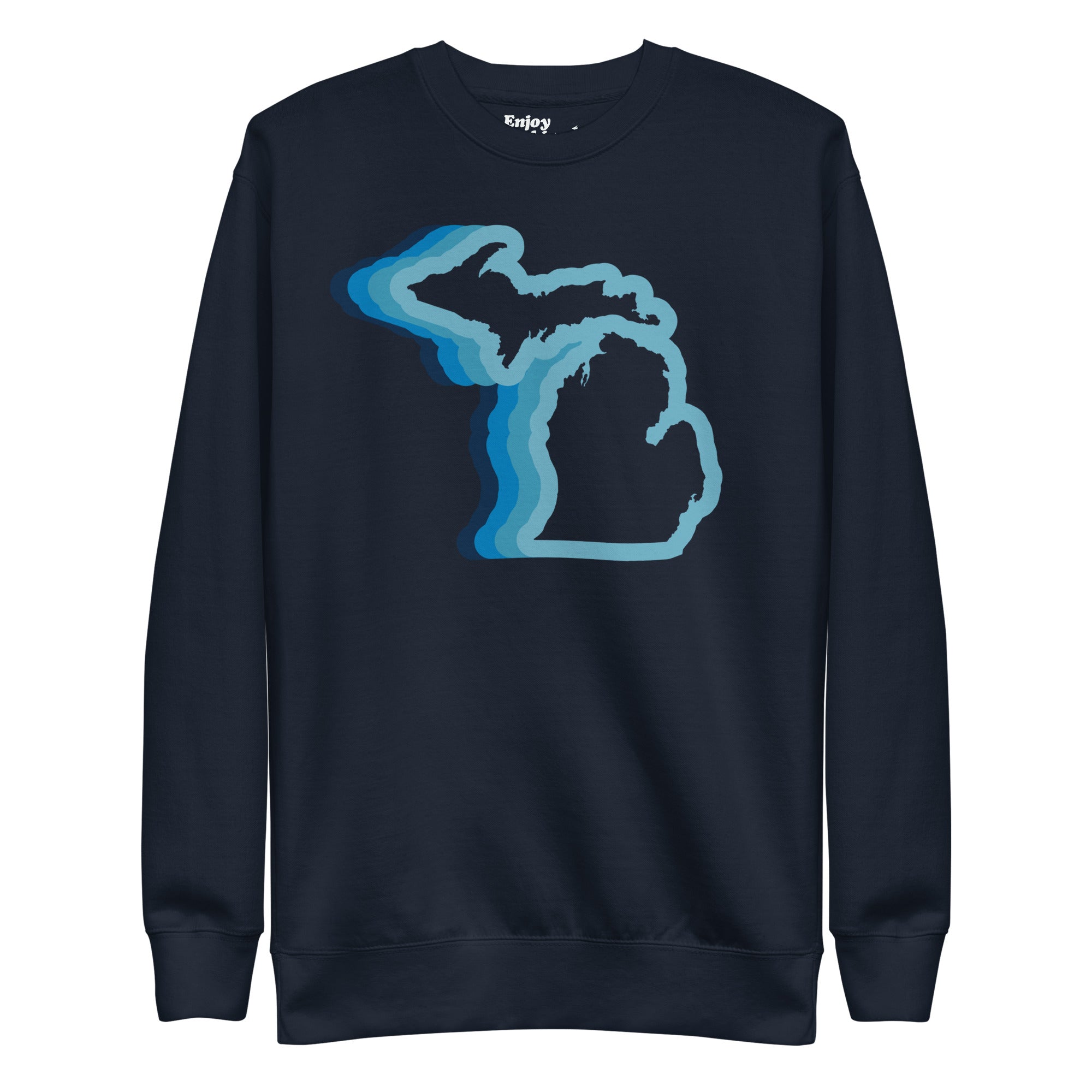 Michigan 70's Premium Sweatshirt shown in navy with a blue color wave of the state of Michigan. By Enjoy Michigan