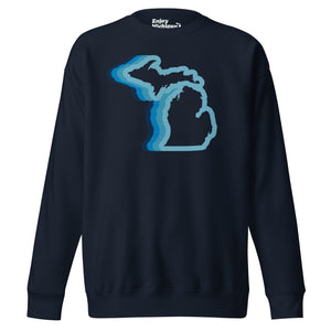 Michigan 70's Premium Sweatshirt shown in navy with a blue color wave of the state of Michigan. By Enjoy Michigan