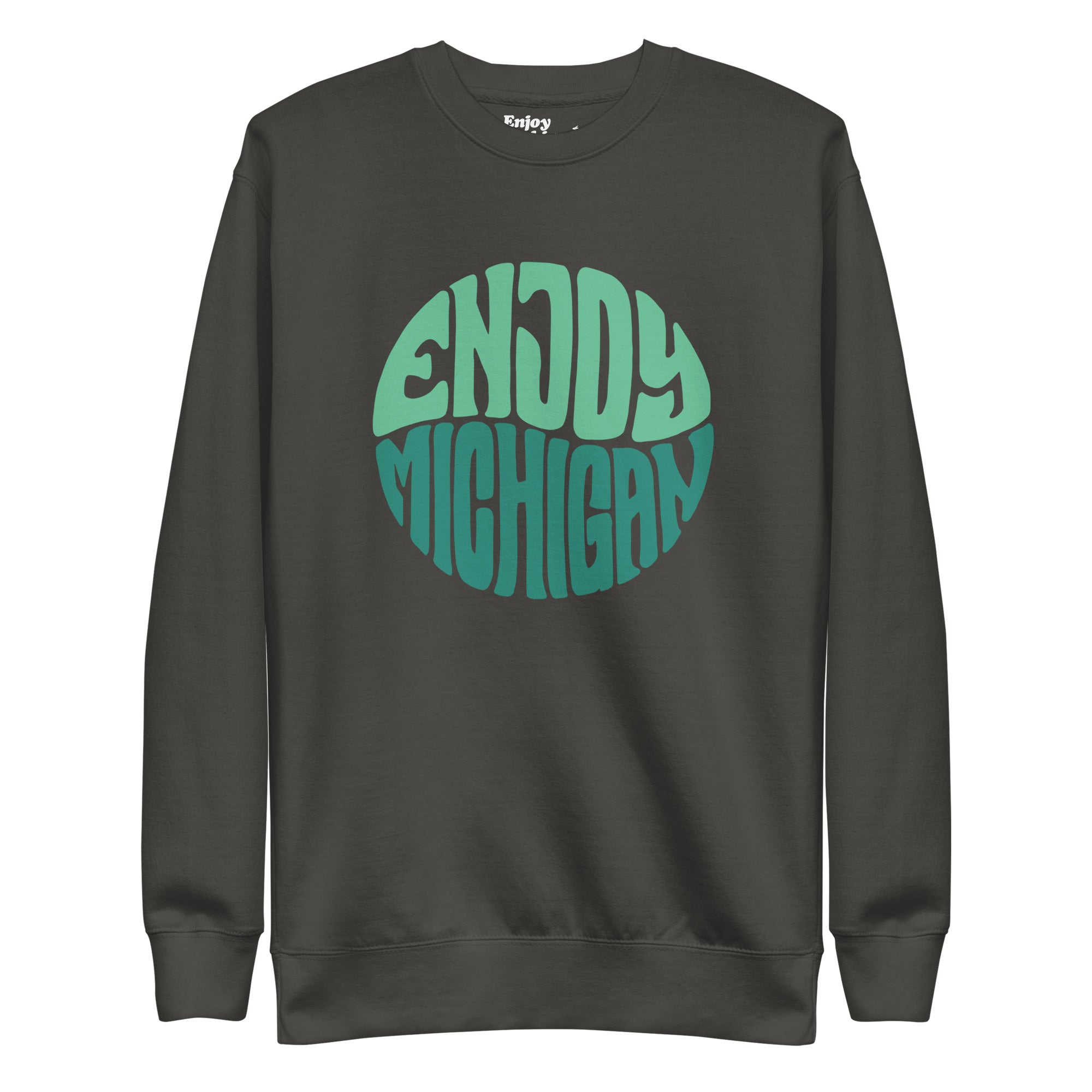 Enjoy Michigan 70's Retro Premium Sweatshirt shown in vintage black with a throwback 70's Enjoy Michigan circular graphic printed on the front. By Enjoy Michigan.
