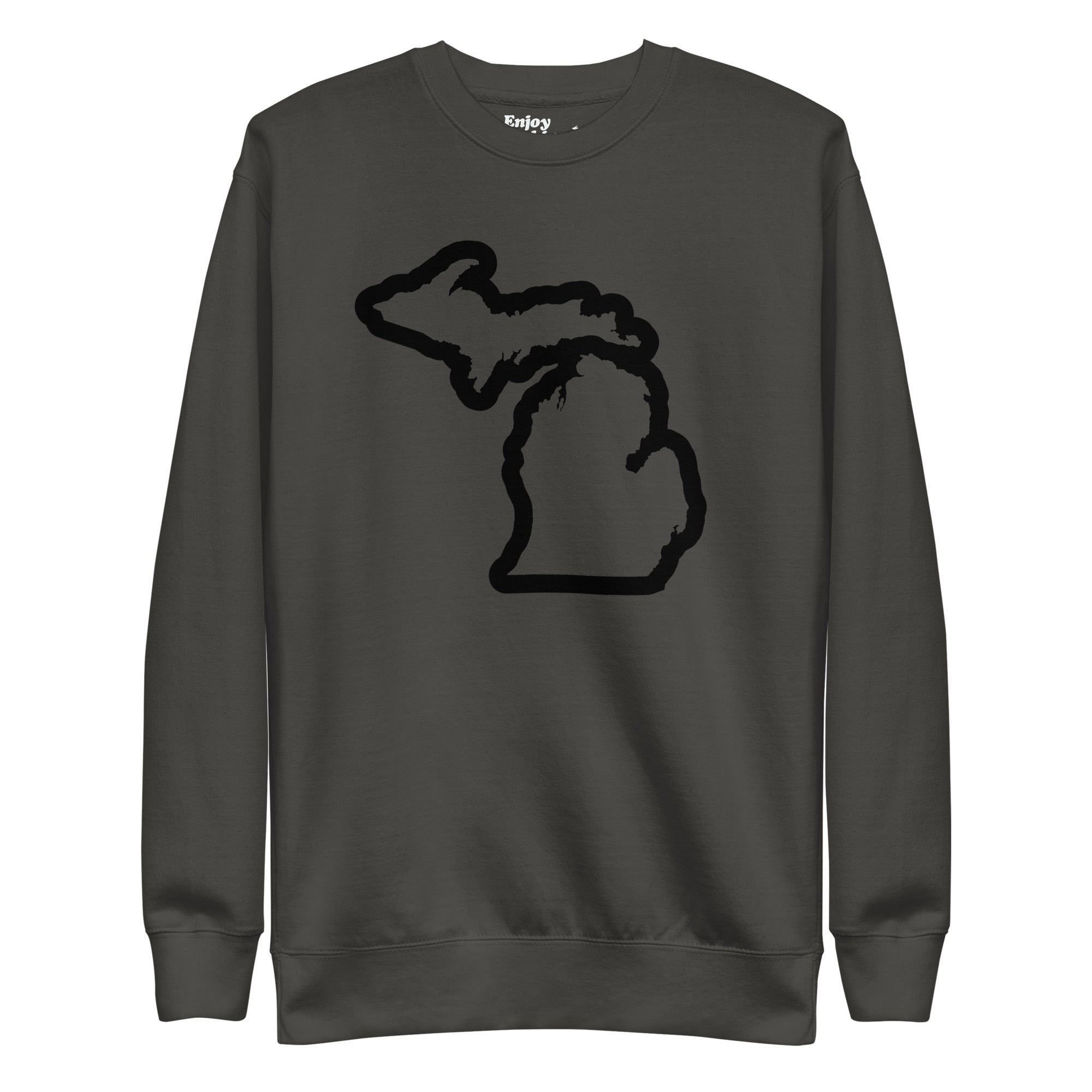 Michigan Outline premium sweatshirt shown in vintage black with a black Michigan outline graphic printed on the front. By Enjoy Michigan.